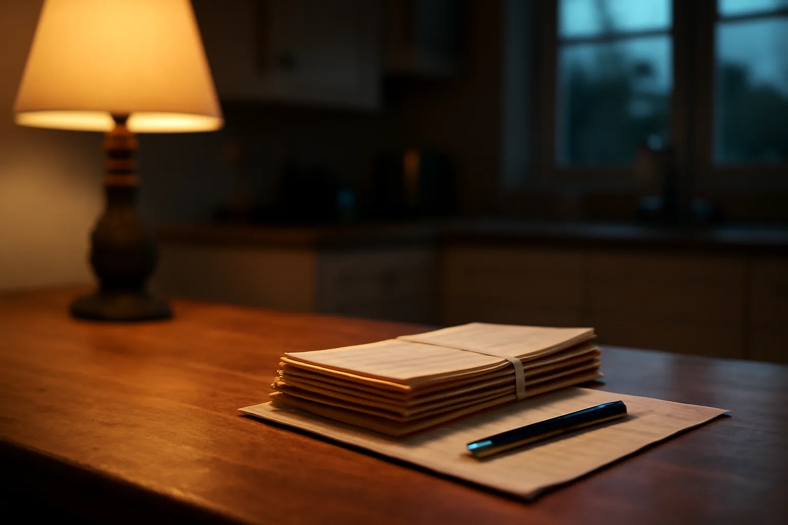 Kitchen table with mail receipts and a folded deed, representing how to exit a timeshare legally