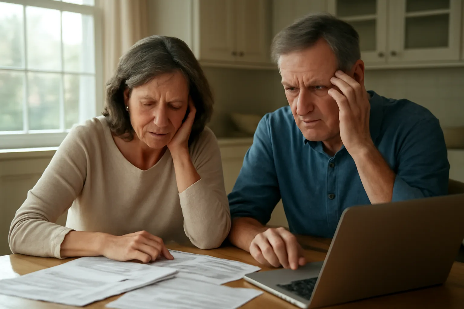 Couple reviewing timeshare contract documents at home to exit ownership