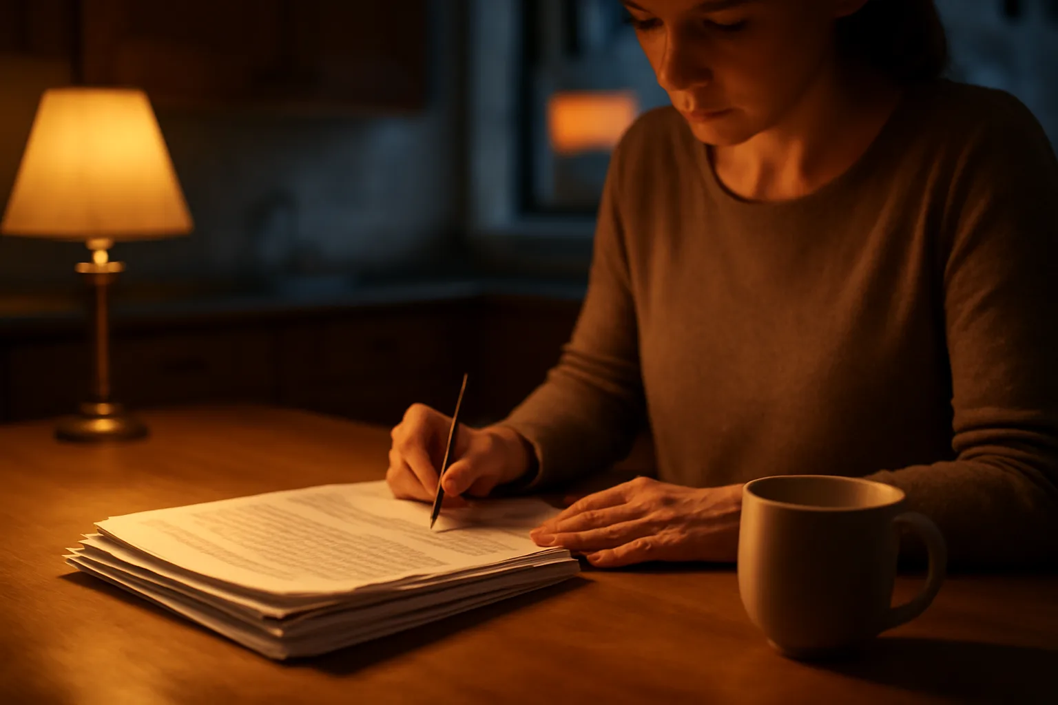 Homeowner reviewing timeshare contract paperwork at a kitchen table in evening light