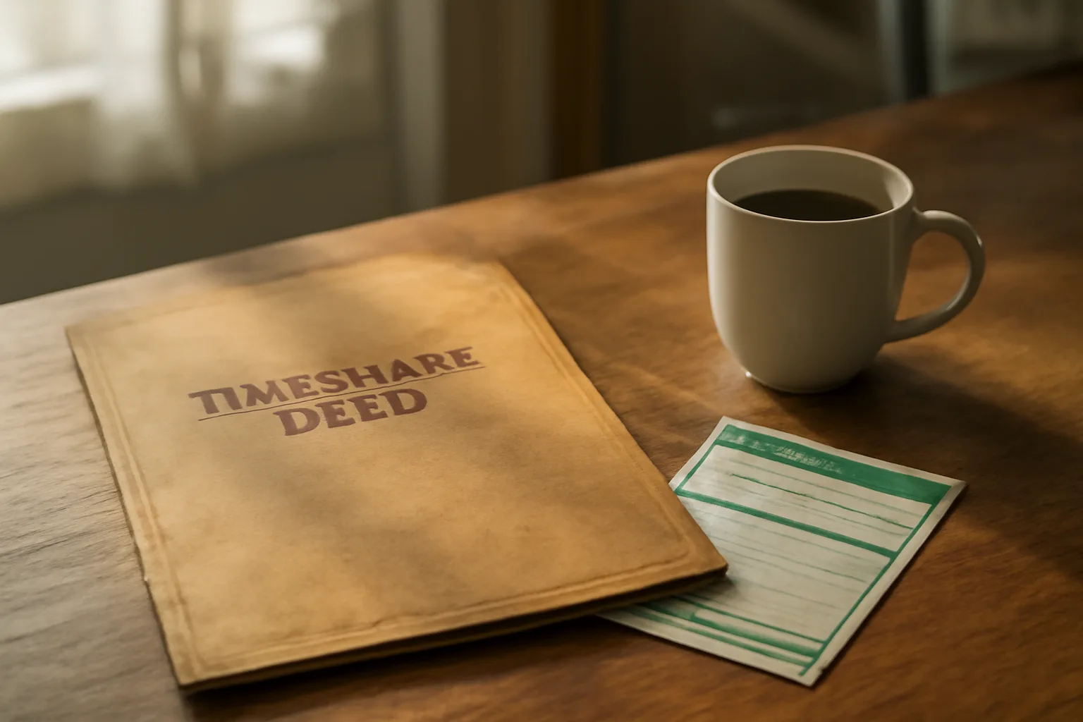 Timeshare paperwork and certified mail receipt on a kitchen table in morning light
