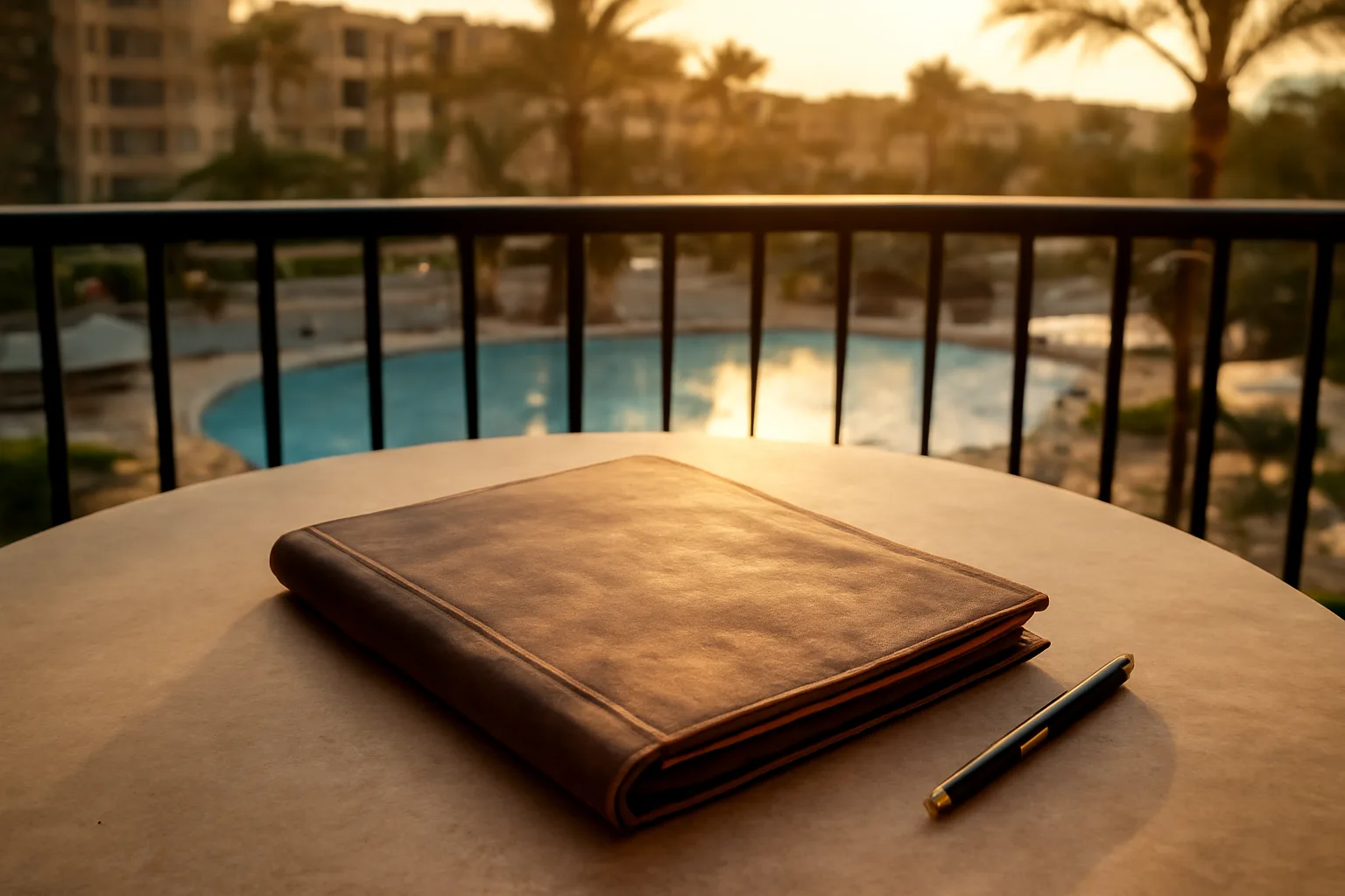 Closed paperwork folder and pen on a resort balcony table at sunset