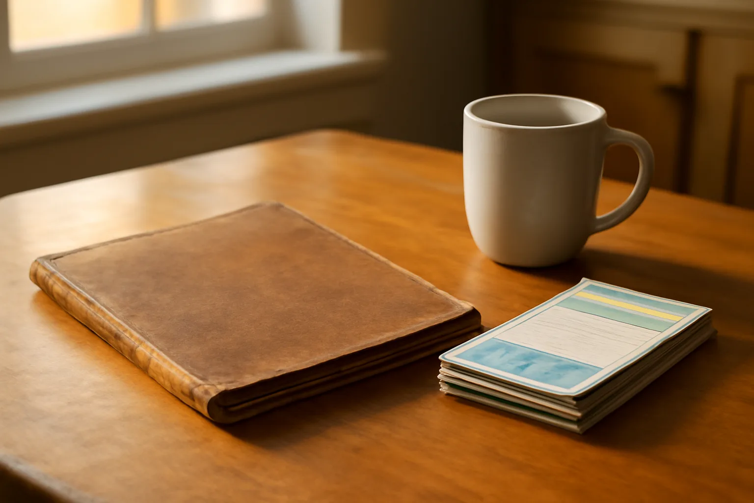 Kitchen table with timeshare paperwork and certified mail receipts in morning light