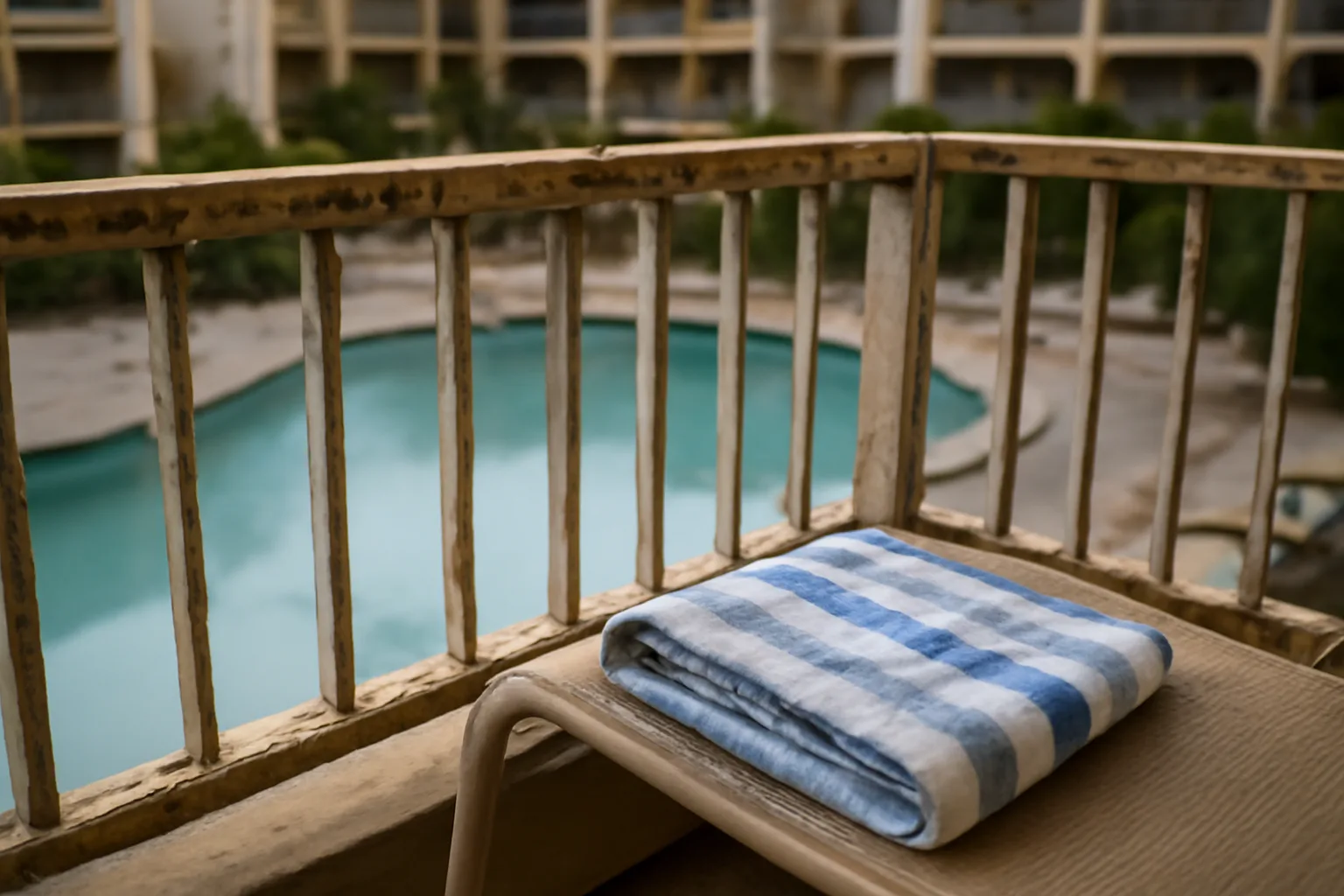 Empty resort balcony and pool at dawn representing the search for a timeshare exit