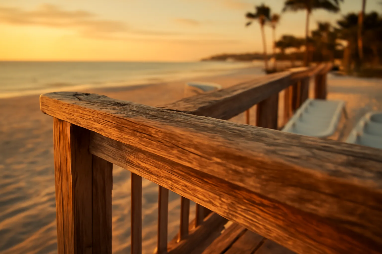 Empty resort dock and beach chairs at sunset, evoking a Florida timeshare property