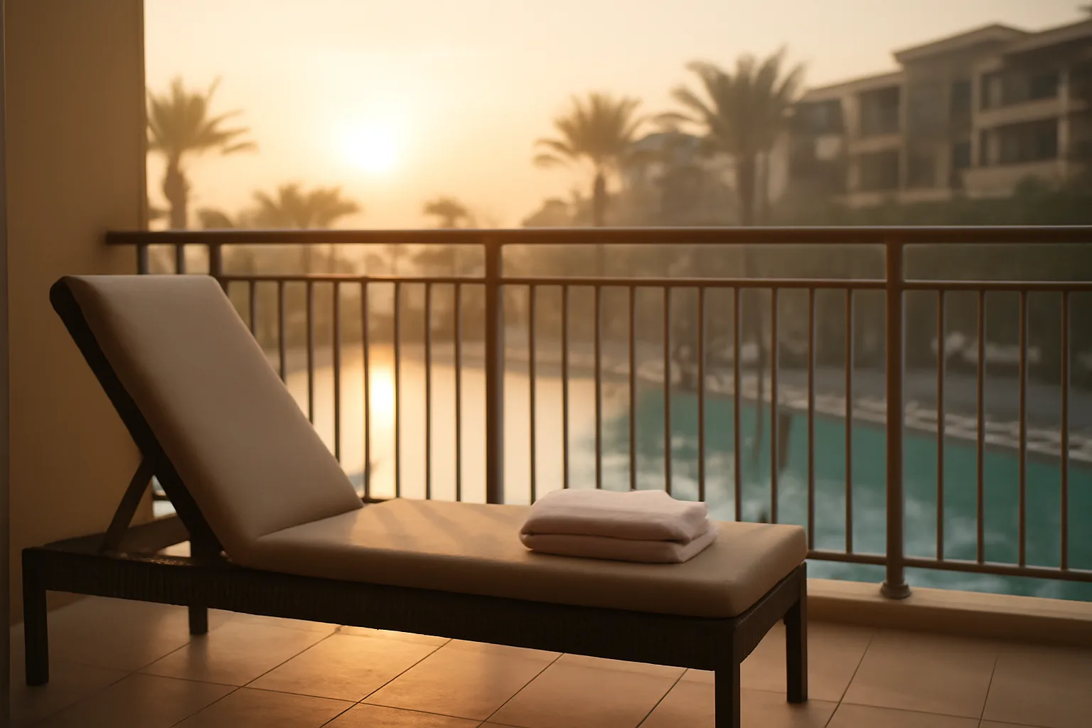 Empty resort balcony and pool at sunrise, evoking walking away from a timeshare
