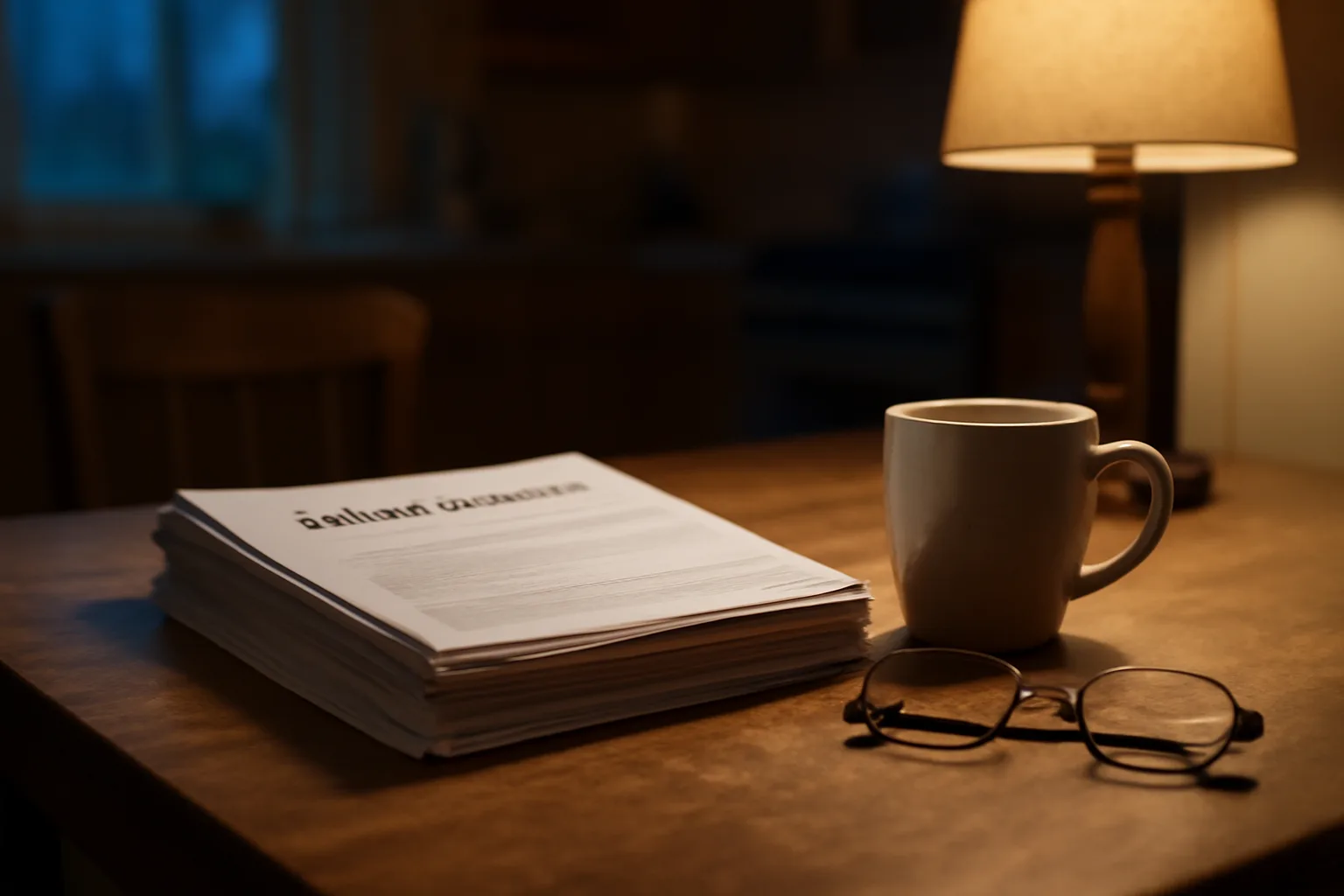 Kitchen table with mortgage paperwork and coffee mug at dusk, timeshare mortgage decision