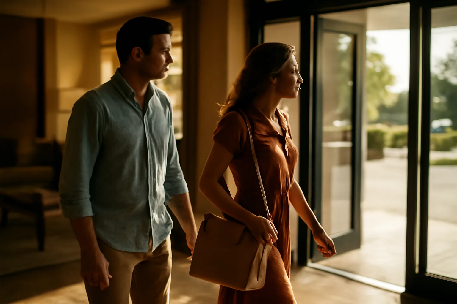 Couple walking toward exit doors after leaving a timeshare presentation
