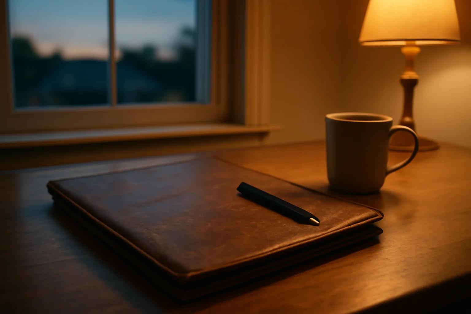 Contract folder and pen on a kitchen table, representing deciding how to get out of a timeshare