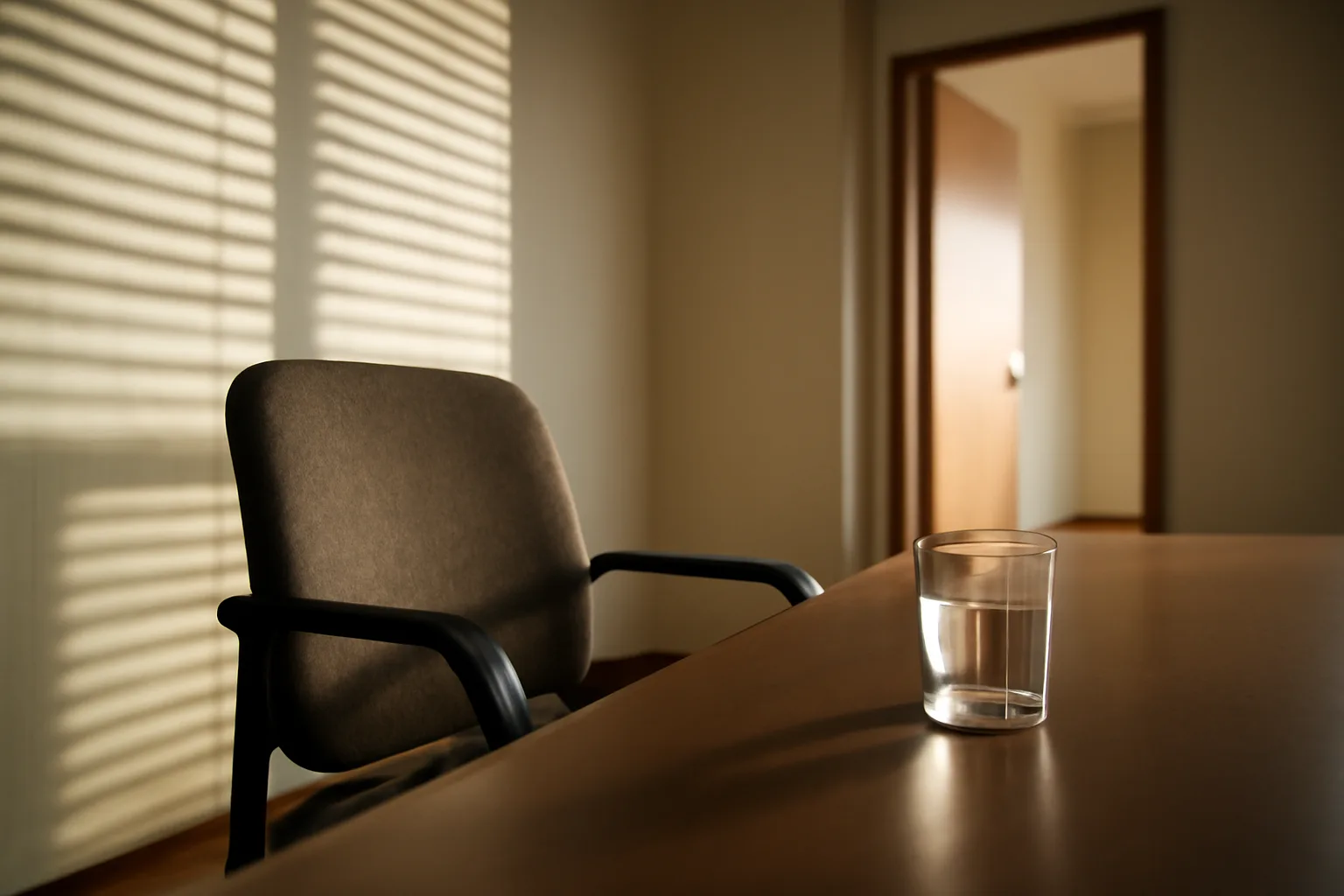 Empty chair pushed back from a table inside a timeshare sales presentation room