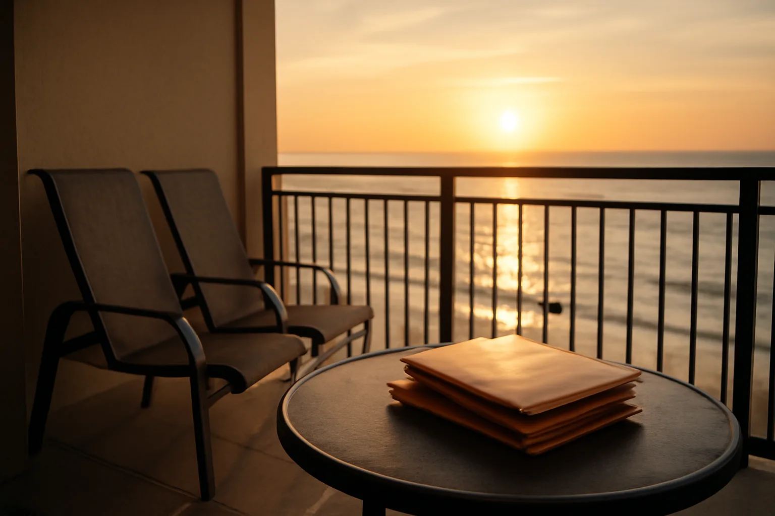 Empty timeshare condo balcony with unopened mail on table at sunset