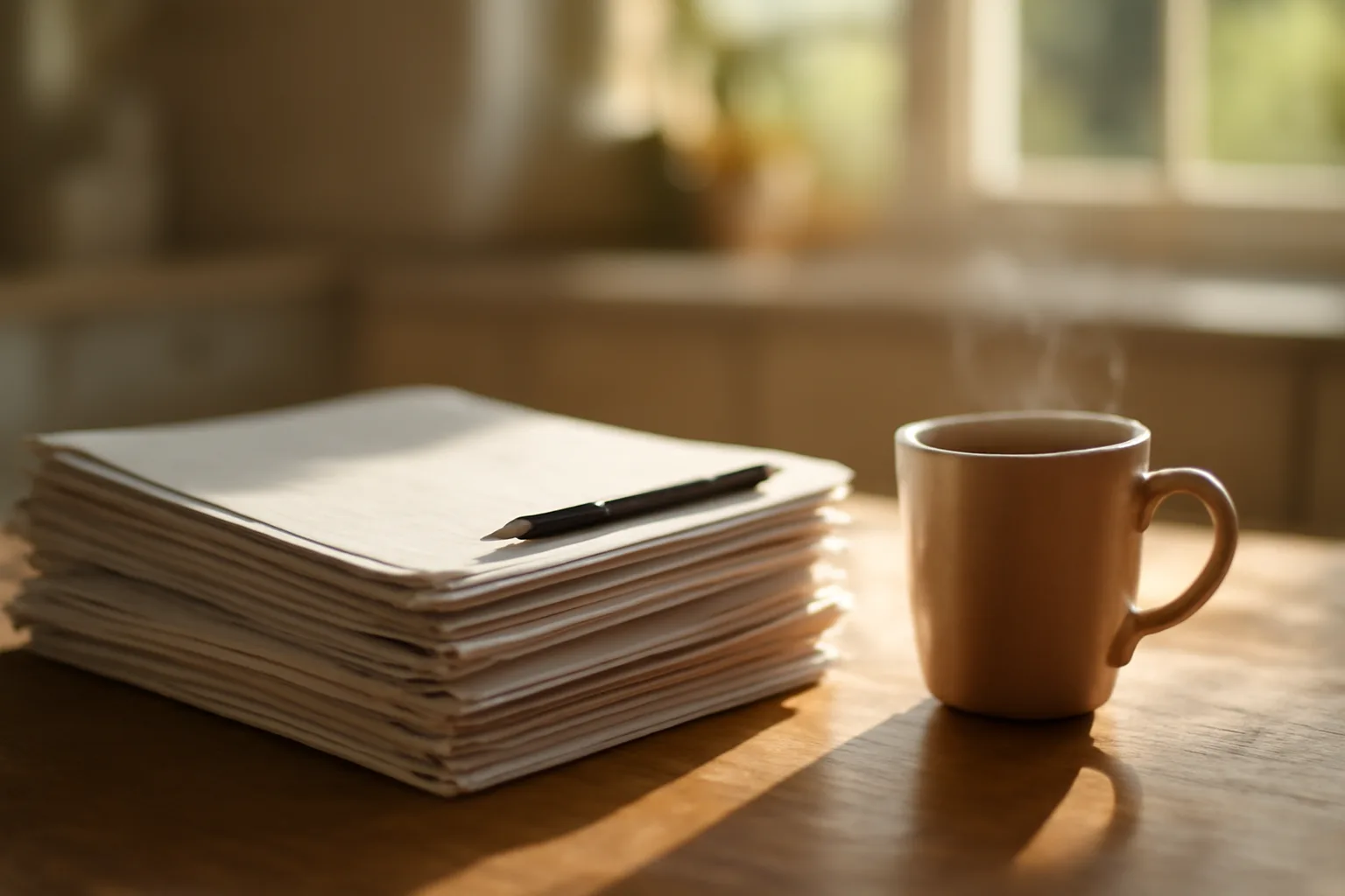 Timeshare contract paperwork and coffee on a kitchen table in morning light