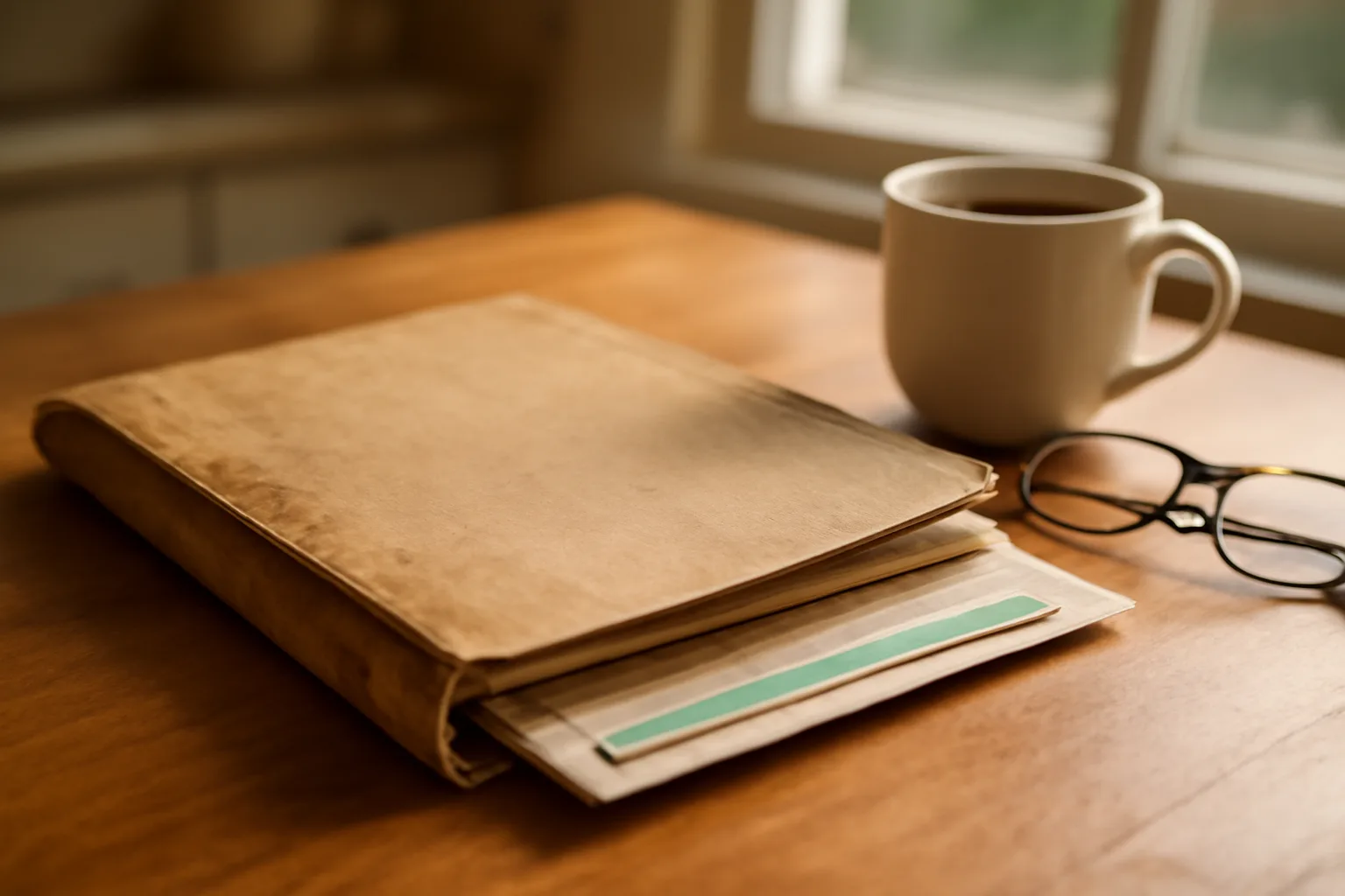 Timeshare contract papers and mail receipt on a kitchen table in morning light