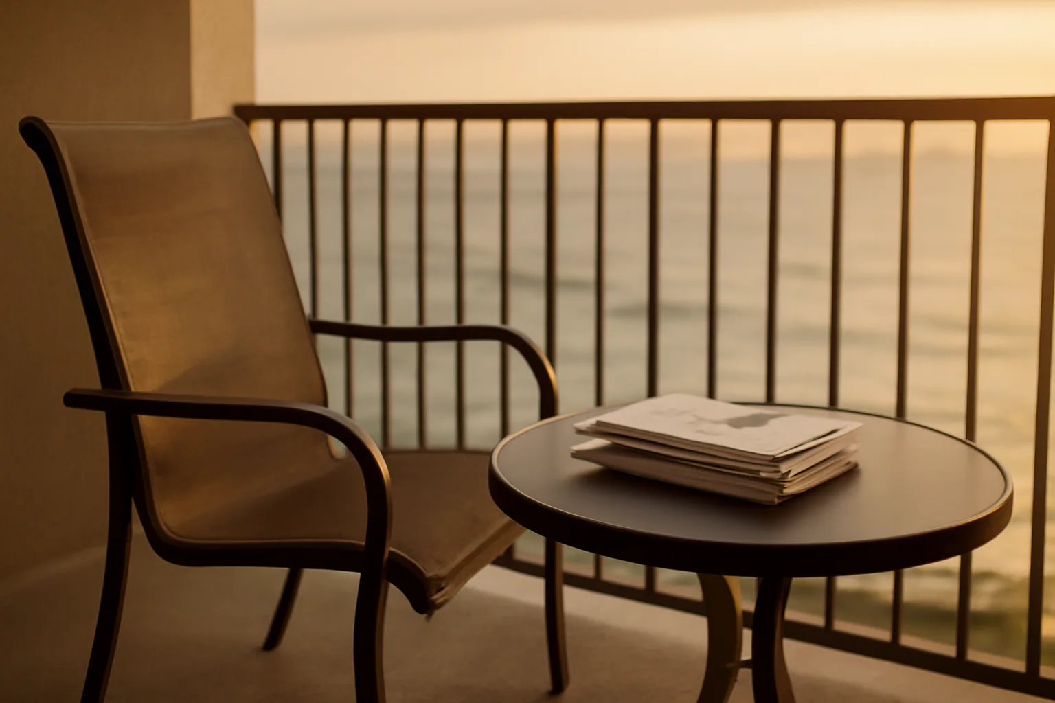 Resort balcony at sunset with mailed cancellation letters on a table