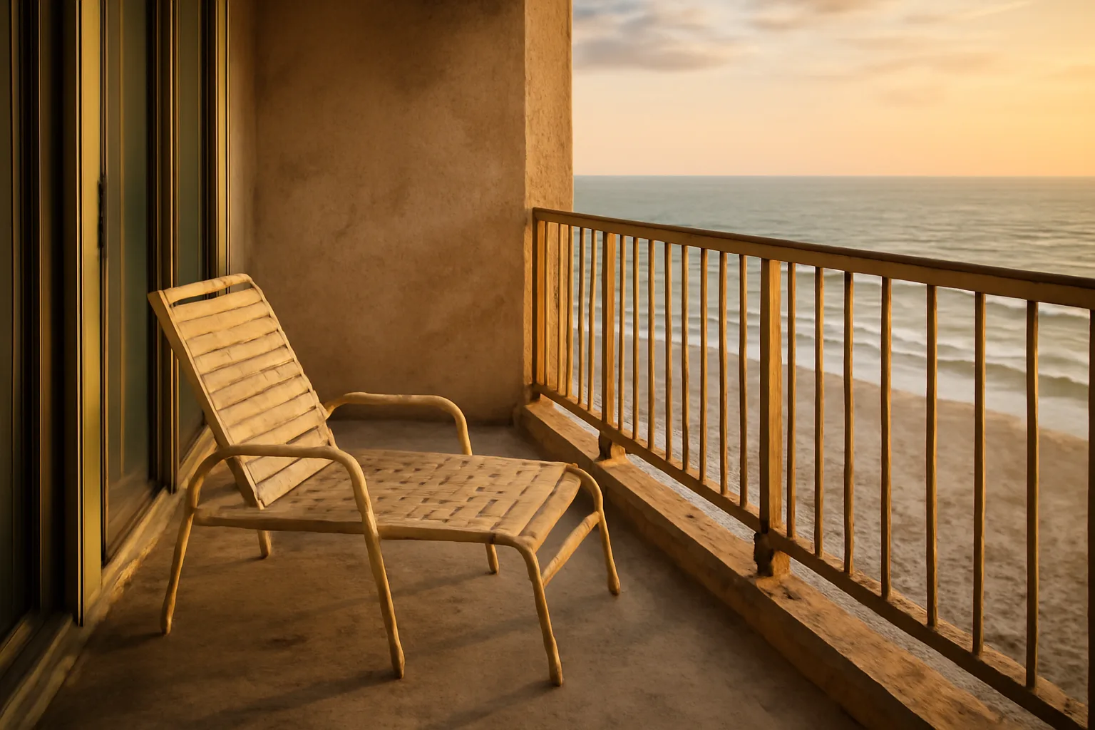 Empty balcony overlooking the ocean at a Jersey Shore timeshare resort in late afternoon
