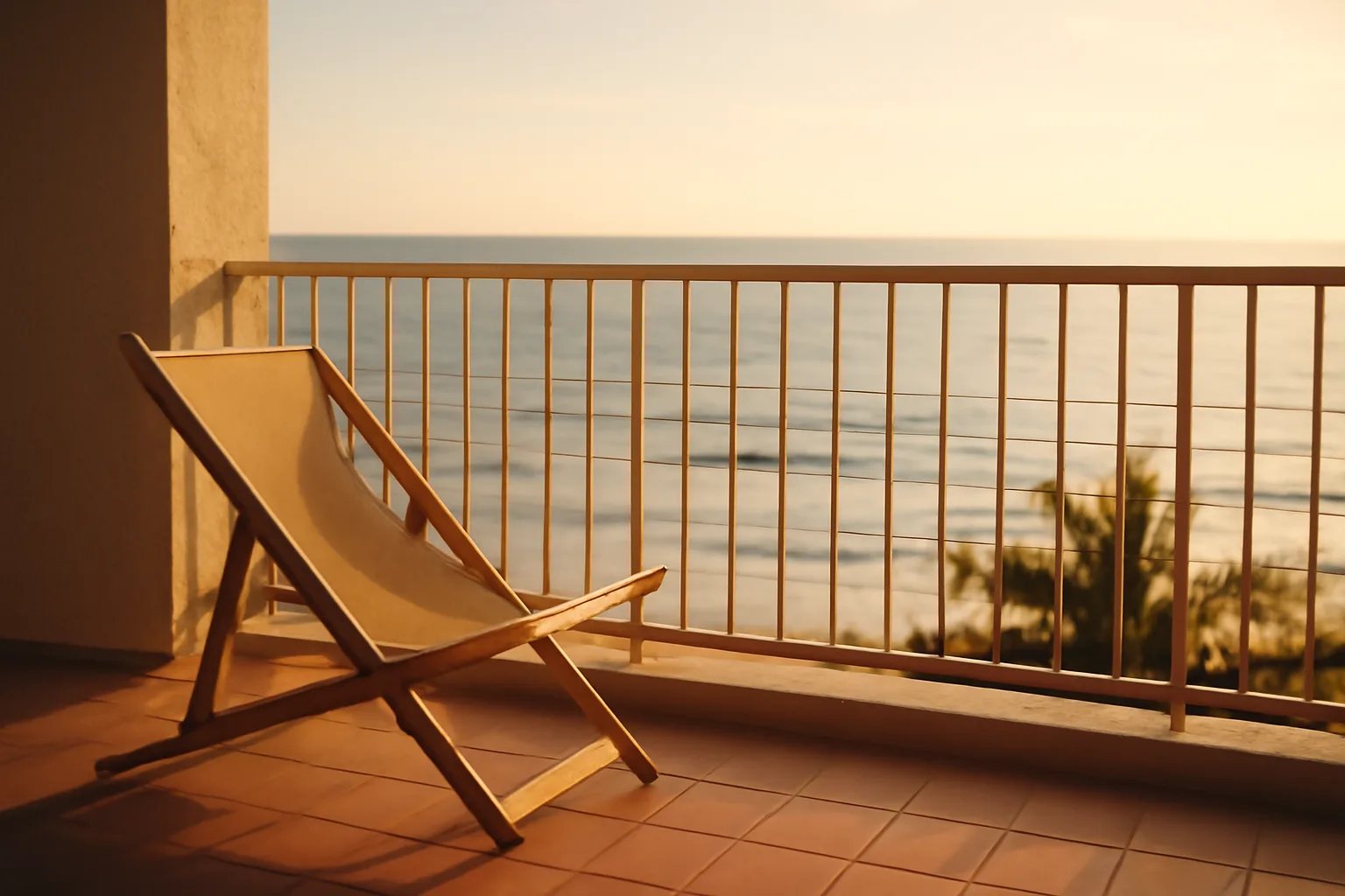 Empty resort balcony at sunset representing an owner reconsidering an HGVC timeshare