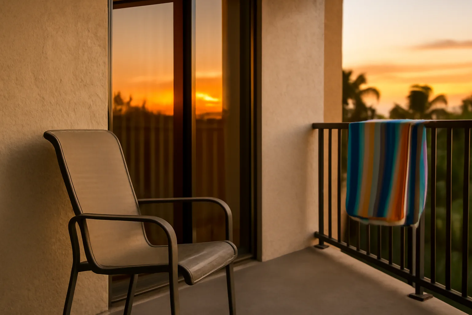 Empty resort balcony at sunset representing exiting a Hilton Grand Vacations timeshare