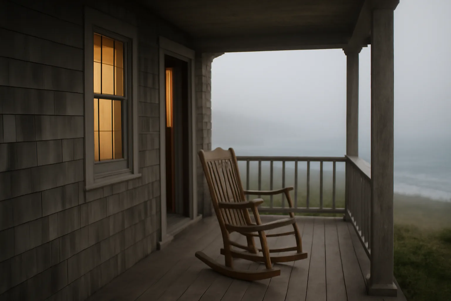 Foggy coastal New England cottage porch evoking a Nantucket timeshare property at dusk