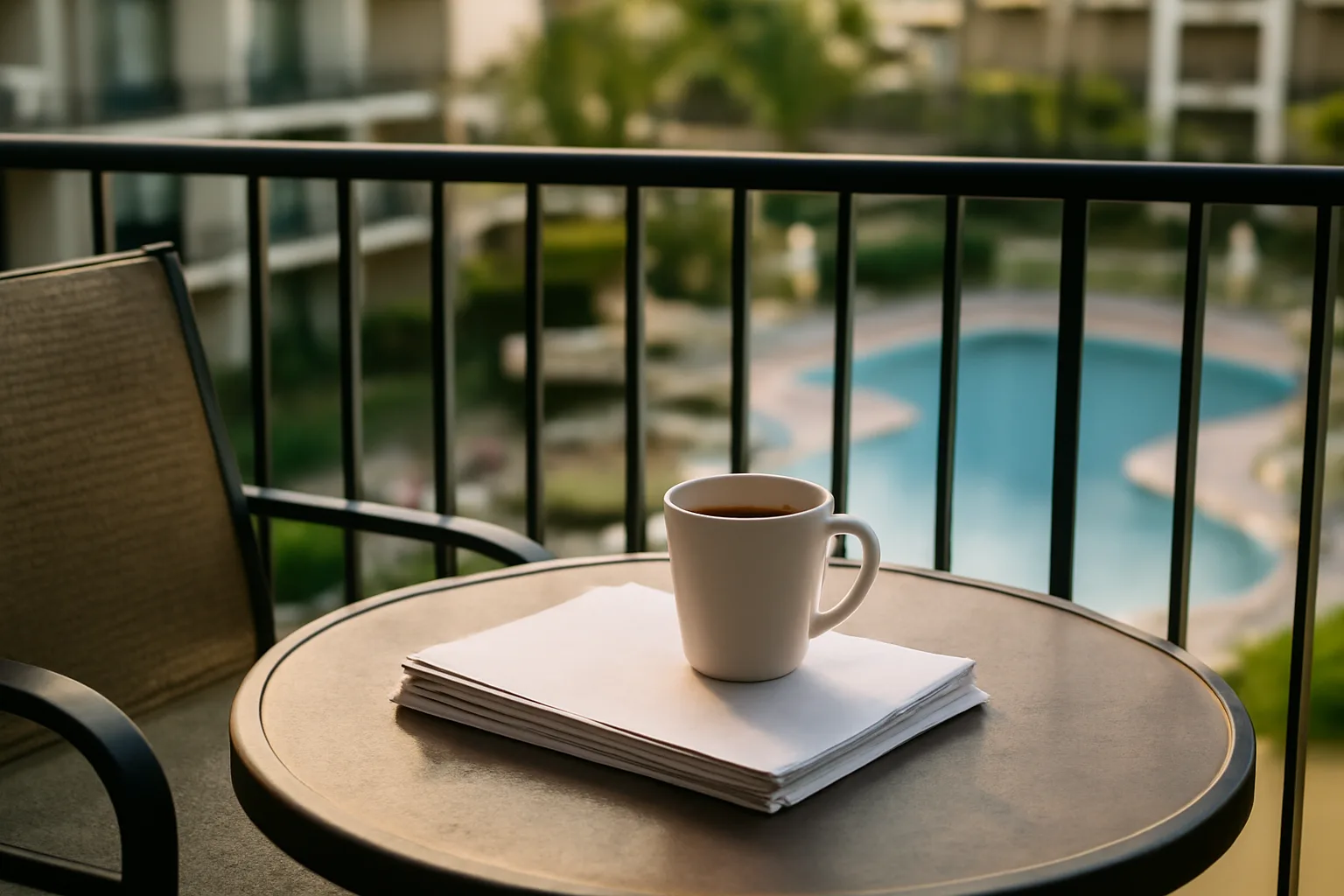 Balcony table with papers and coffee mug overlooking a quiet resort pool at dawn