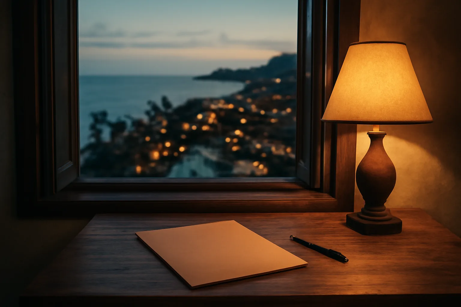 Desk with pen and folder overlooking a Mexican coastal resort at dusk, evoking a timeshare contract decision