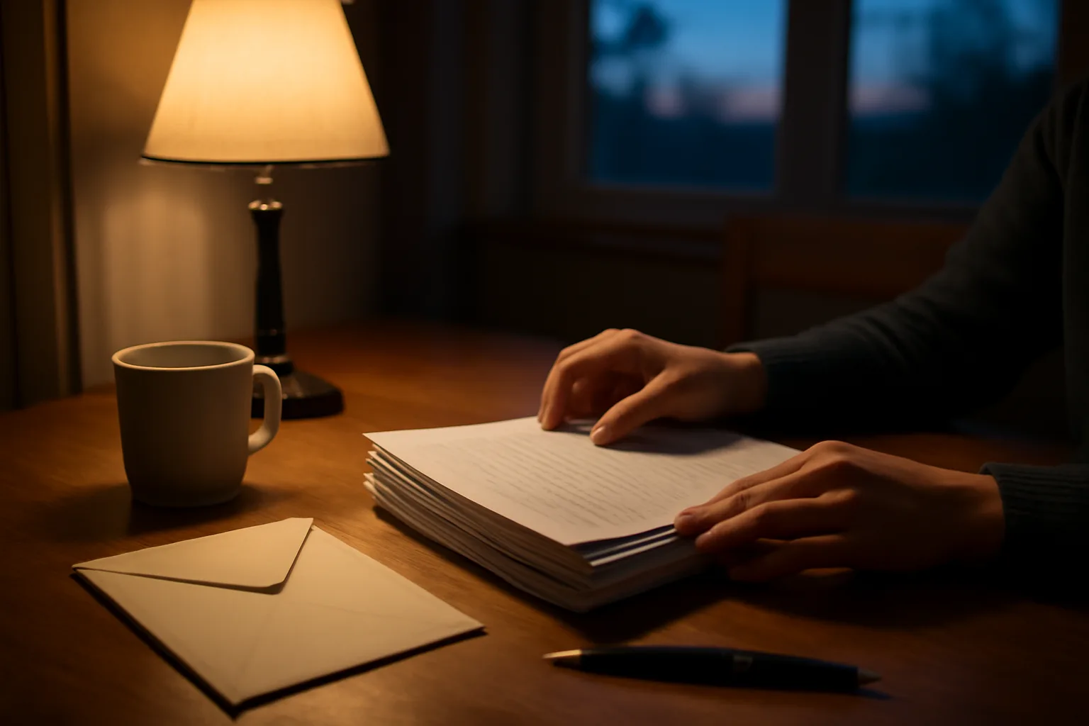 Hands reviewing timeshare contract paperwork at a kitchen table in evening light