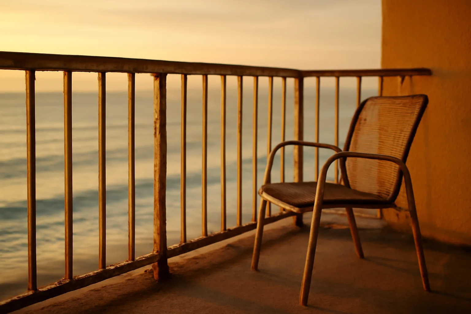Empty balcony overlooking the ocean at a timeshare resort at dusk
