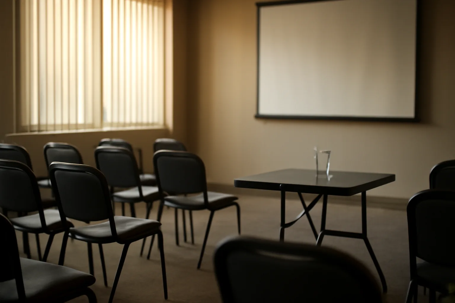 Empty resort conference room where a timeshare presentation was held earlier that day