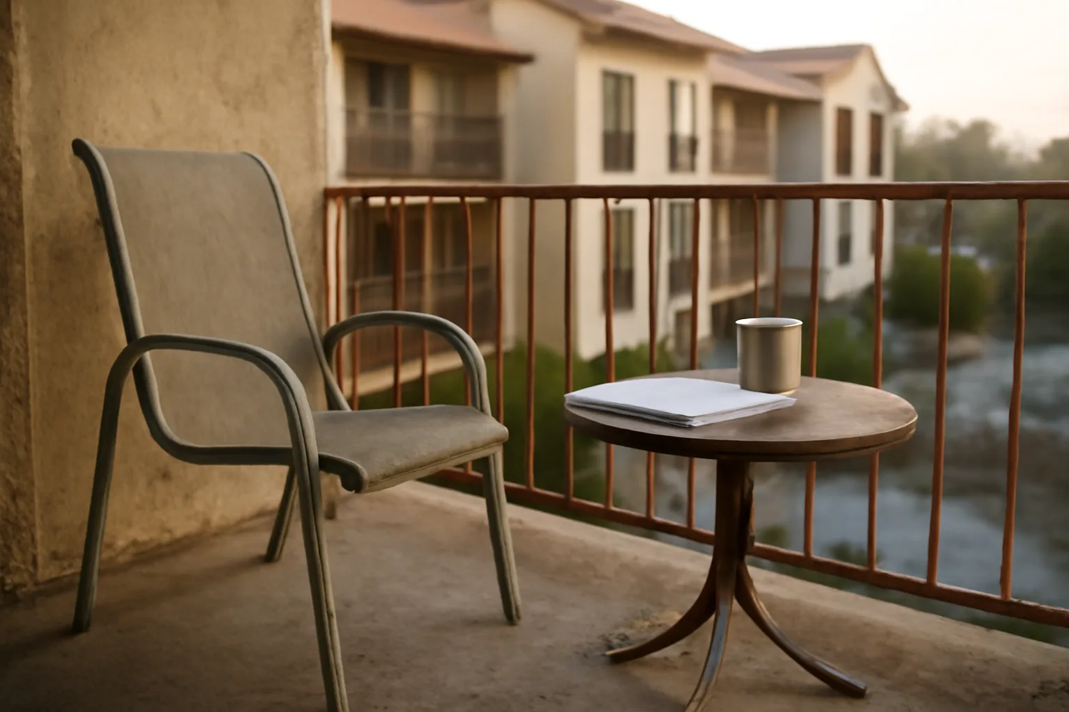 Empty resort balcony at sunrise representing owners deciding how to exit a timeshare