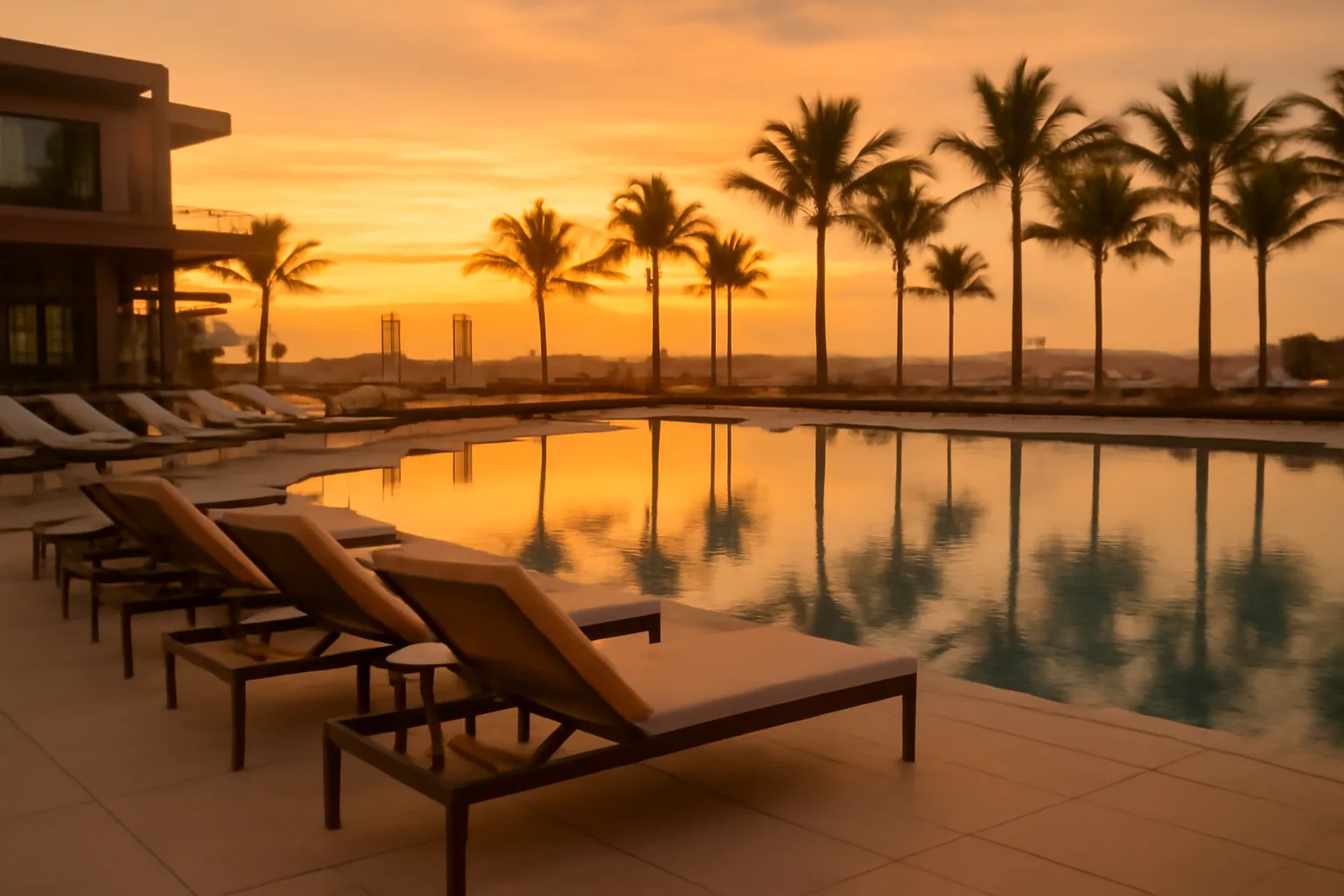 Empty resort pool deck at sunset reflecting timeshare ownership exit decisions