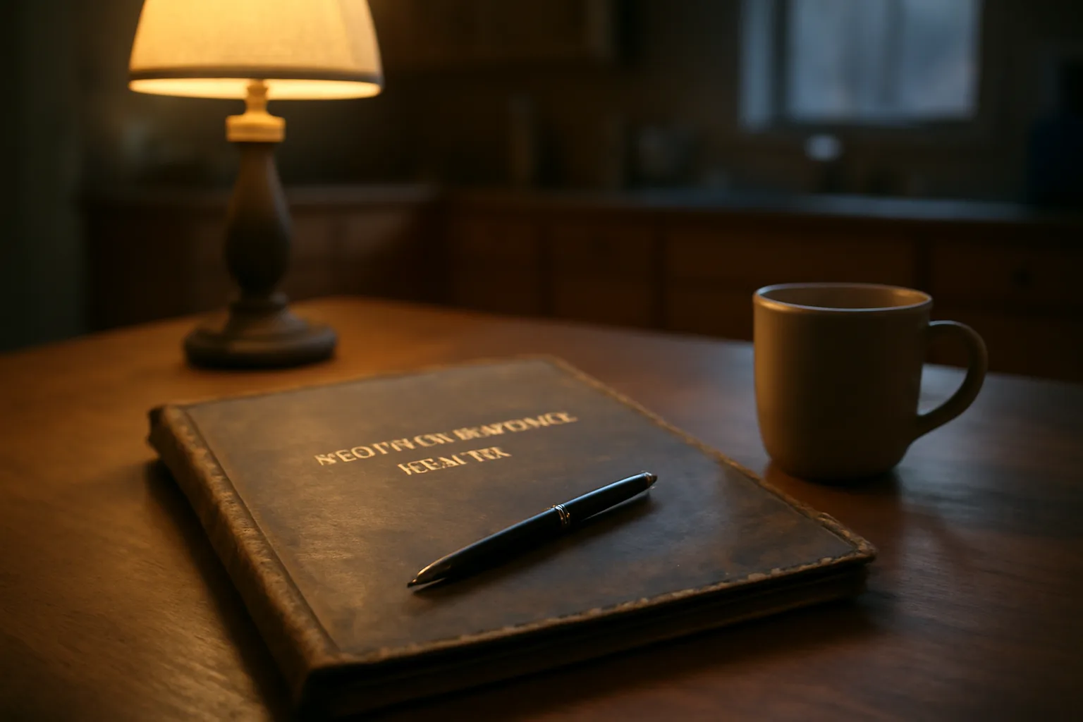 Contract folder and pen on a kitchen table, person considering how to get out of timeshare
