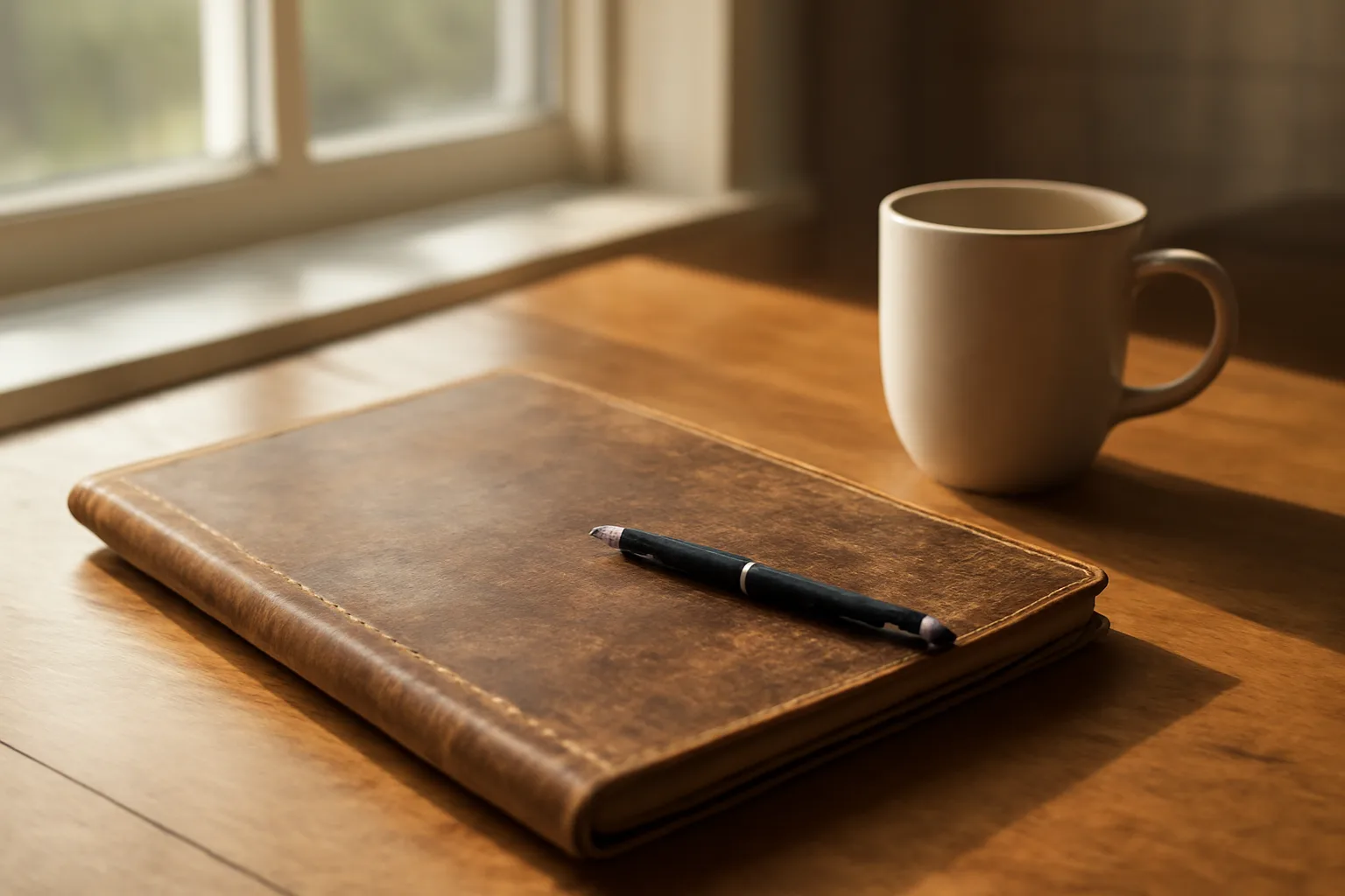 Timeshare paperwork and pen on a table in morning light