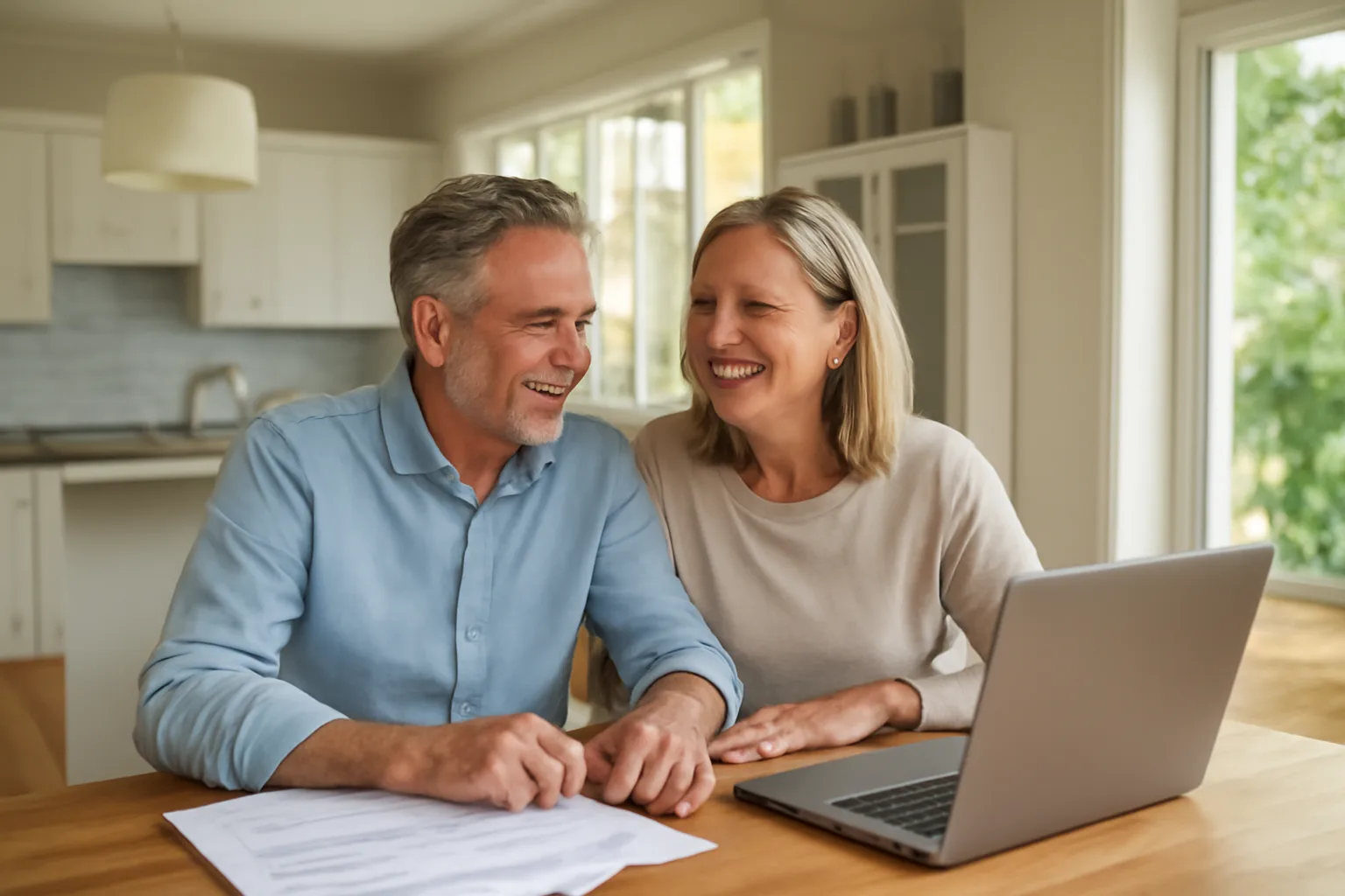 Couple reviewing timeshare exit documents at home