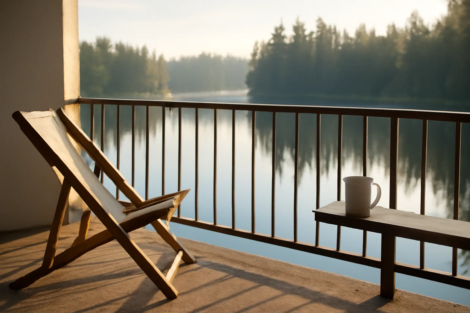 Quiet lakeside resort balcony at dawn, evoking a timeshare owner weighing an exit decision