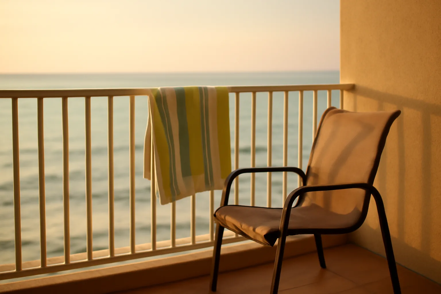 Empty resort condo balcony at sunrise, evoking the decision to get rid of a timeshare