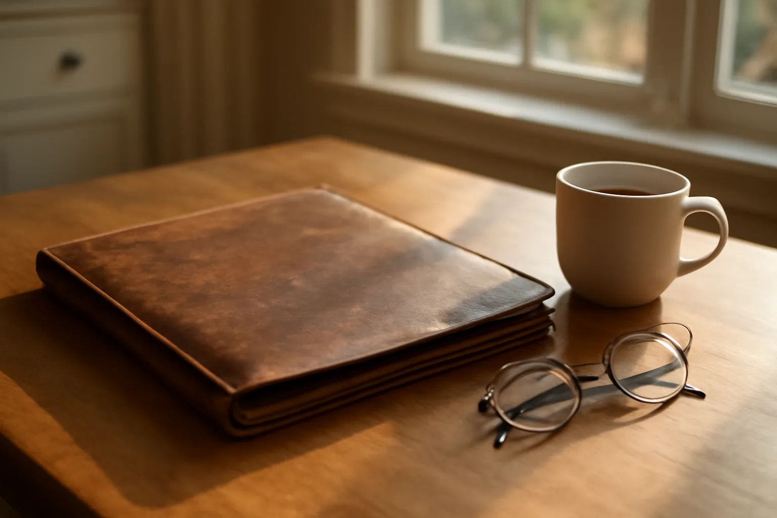 Timeshare contract folder and coffee on a kitchen table in morning light