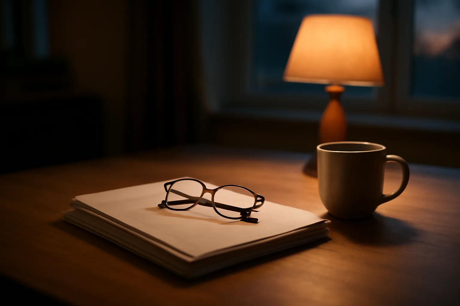 Contract papers and reading glasses on a kitchen table under lamp light