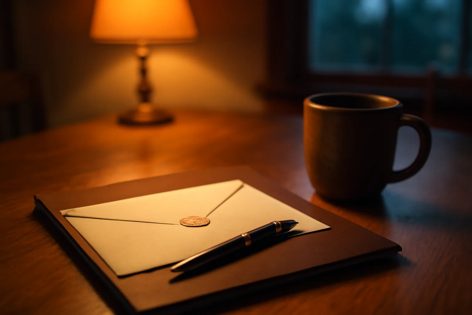 Envelope and pen on a table, representing a timeshare cancellation letter being prepared