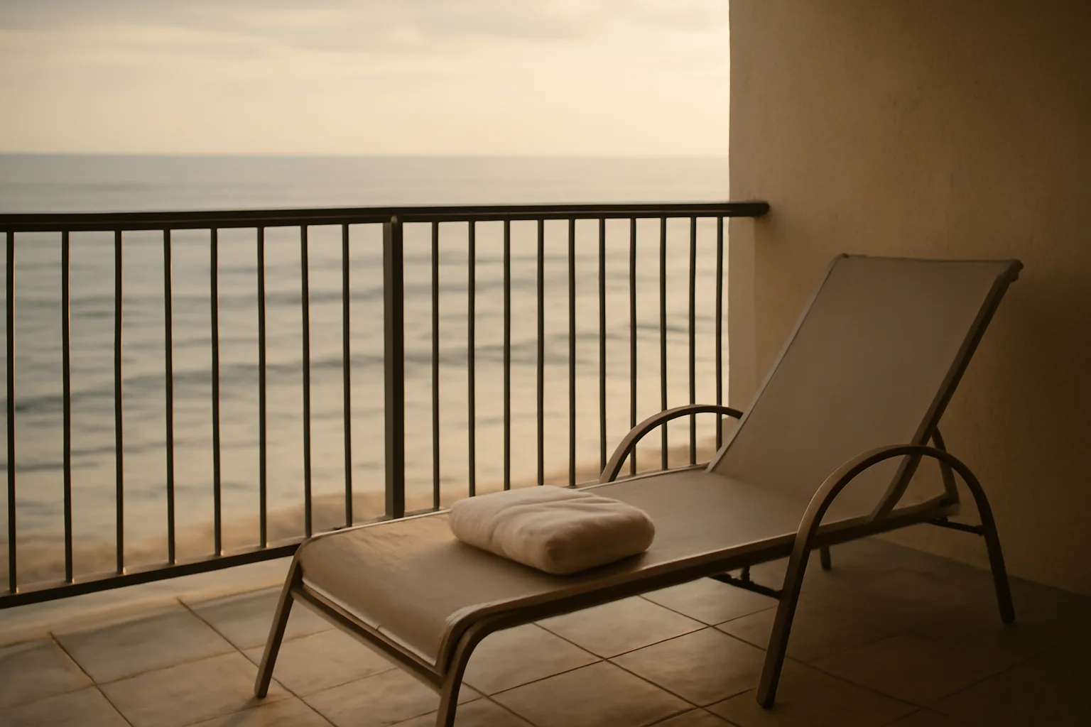 Empty resort balcony at sunrise suggesting an unused Ritz-Carlton timeshare property