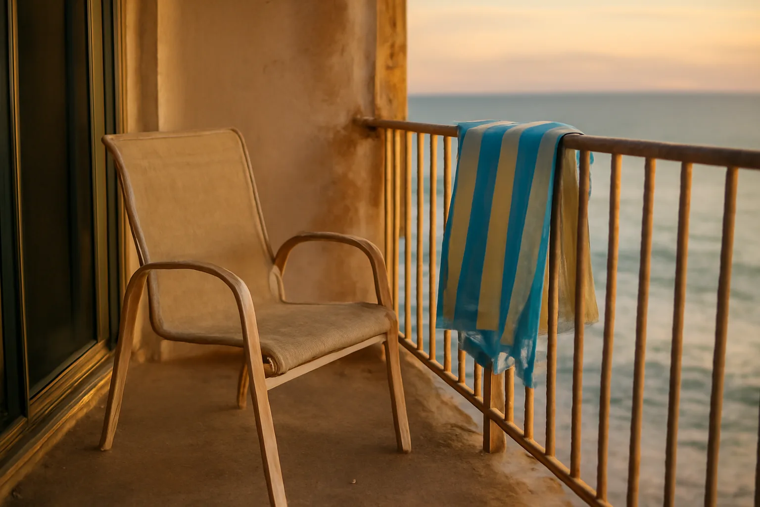 Empty condo balcony overlooking the ocean, evoking a timeshare owner weighing whether to cancel
