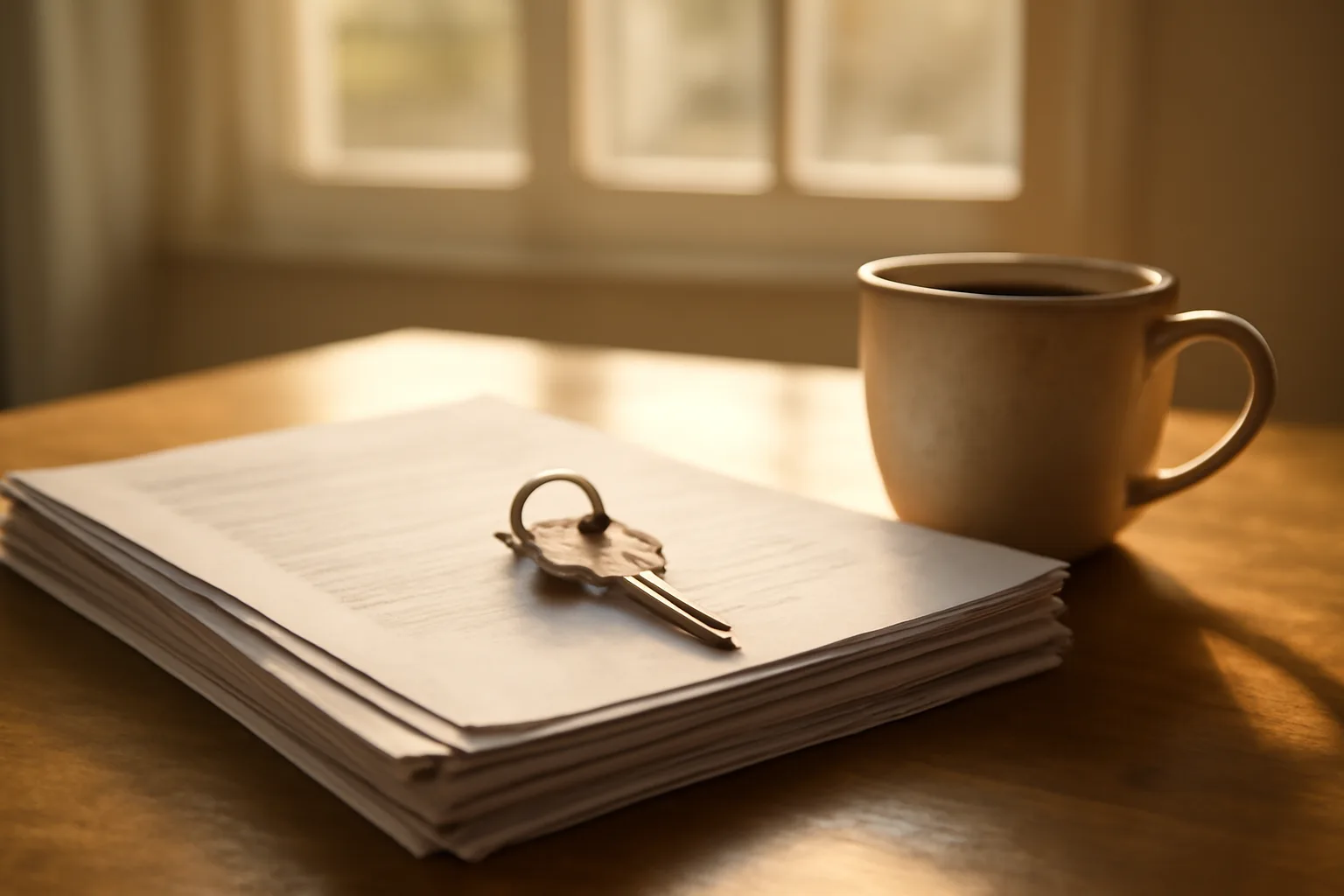 Documents and a condo key on a table, representing the search for a timeshare exit