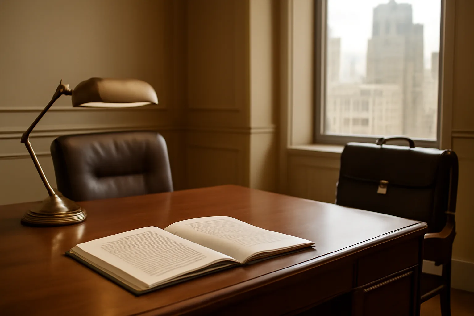 Law office desk with timeshare contract documents and afternoon light