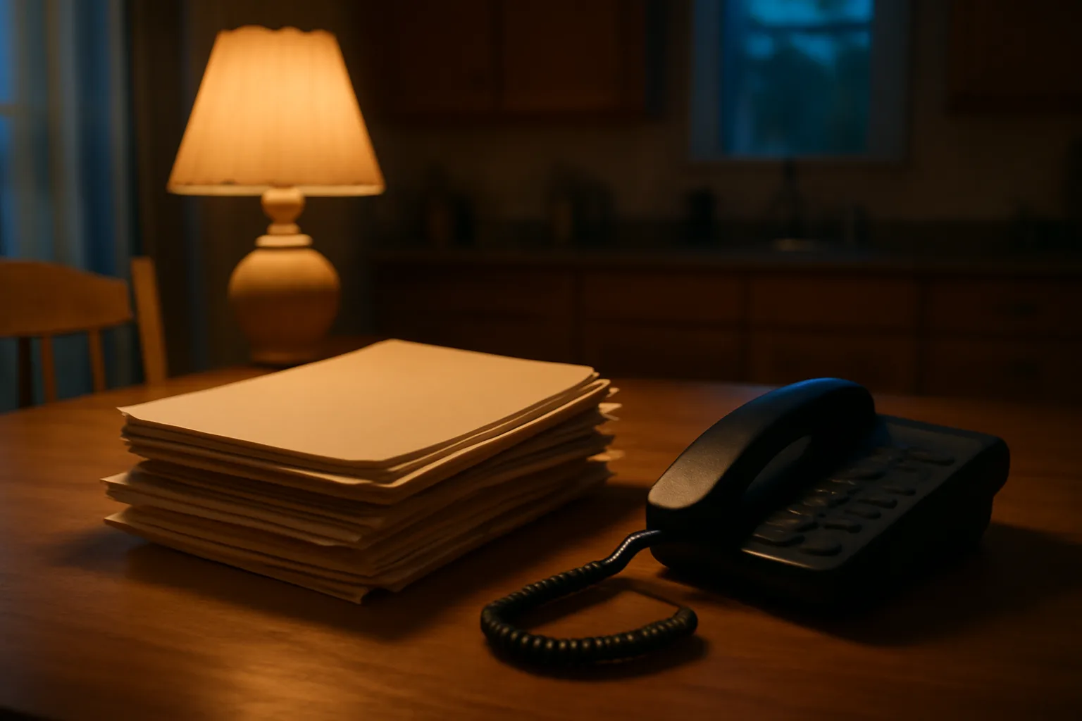 kitchen table with paperwork folders and phone, evoking timeshare exit research at home