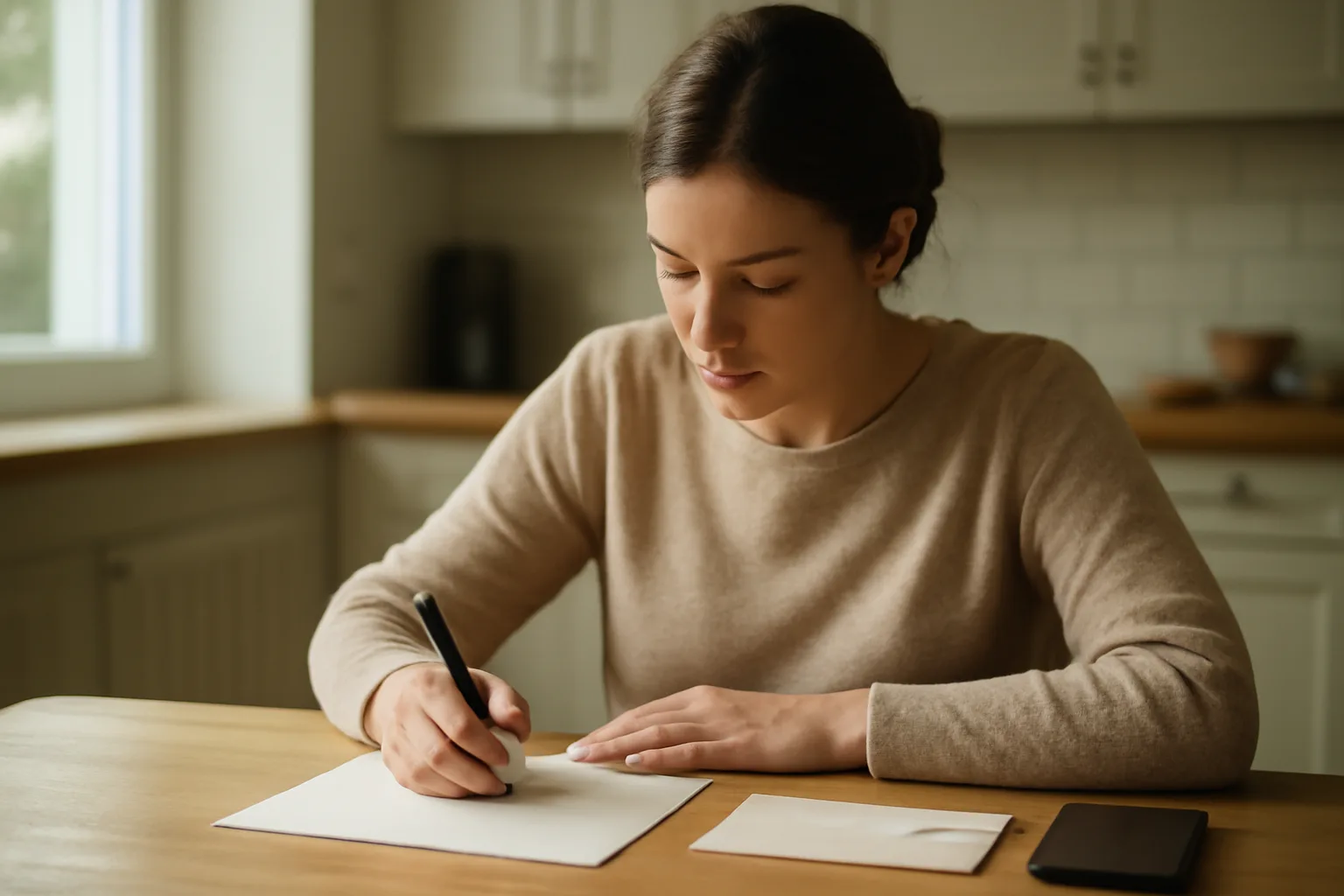 Woman writing a rescission letter at home to cancel a timeshare contract
