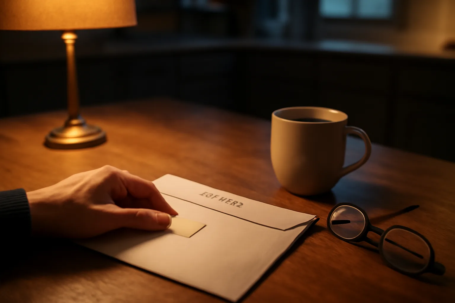 Hand sealing a certified mail envelope at a kitchen table under lamp light