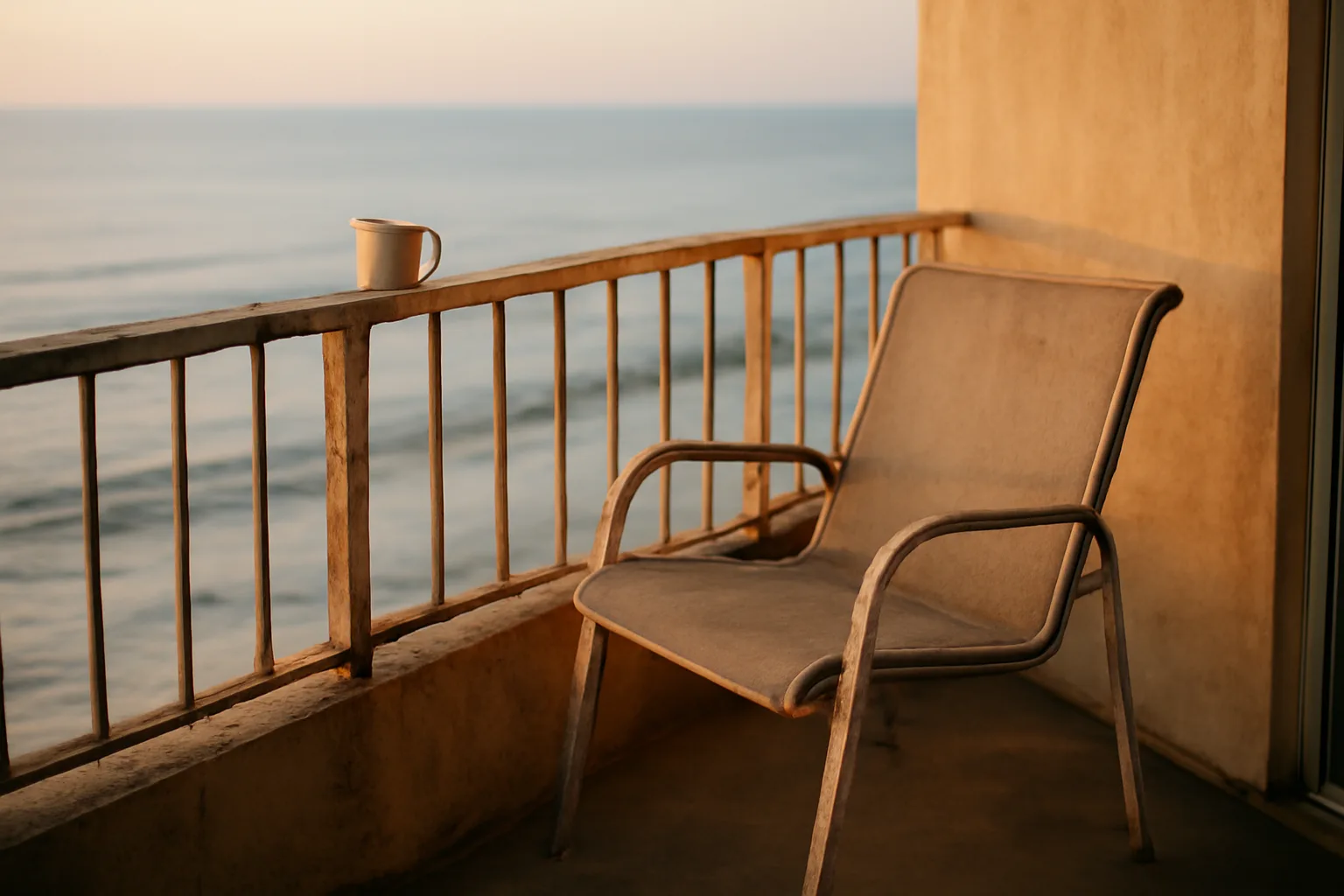 Empty condo balcony overlooking the ocean at sunset, symbolizing timeshare ownership decisions