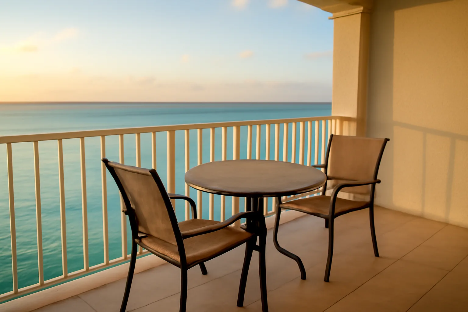 Empty resort balcony overlooking the Caribbean sea at sunrise near a timeshare property