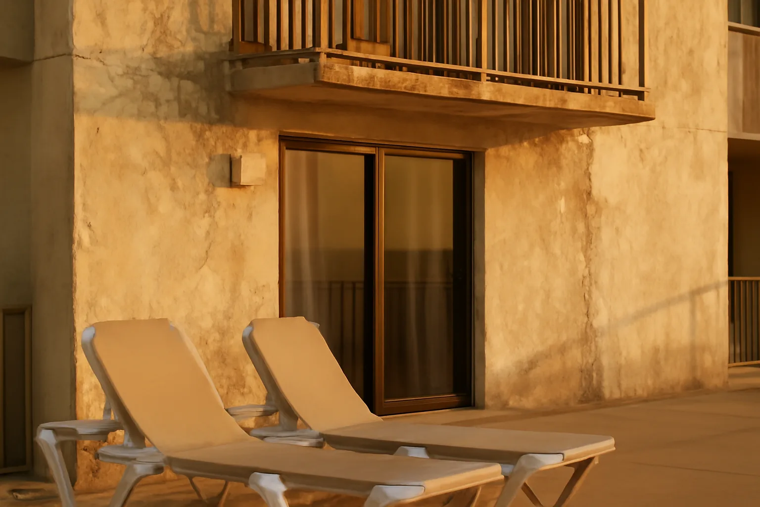Quiet timeshare resort balcony and pool deck at golden hour, no signage visible
