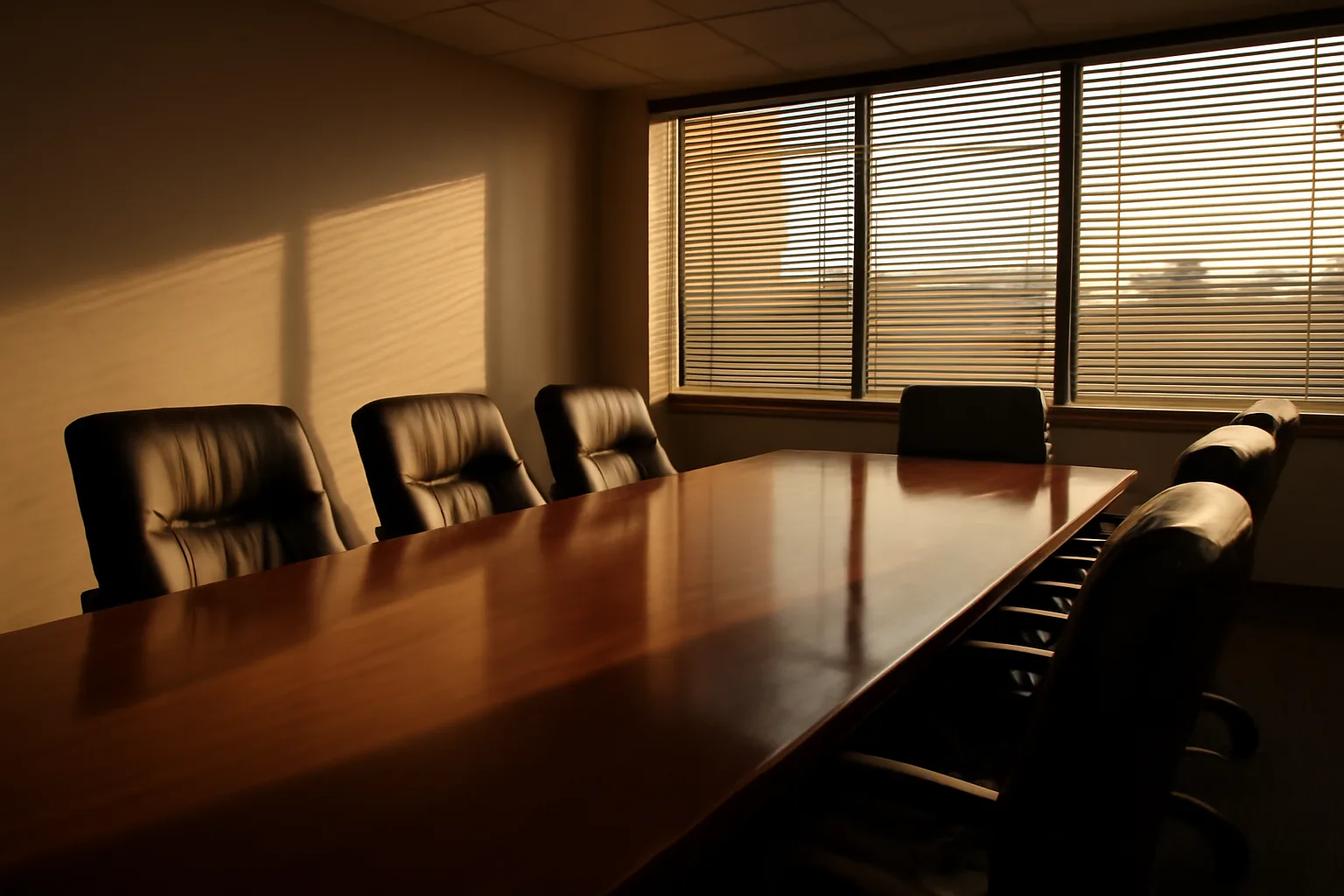 Empty timeshare sales office with wood table and leather chairs