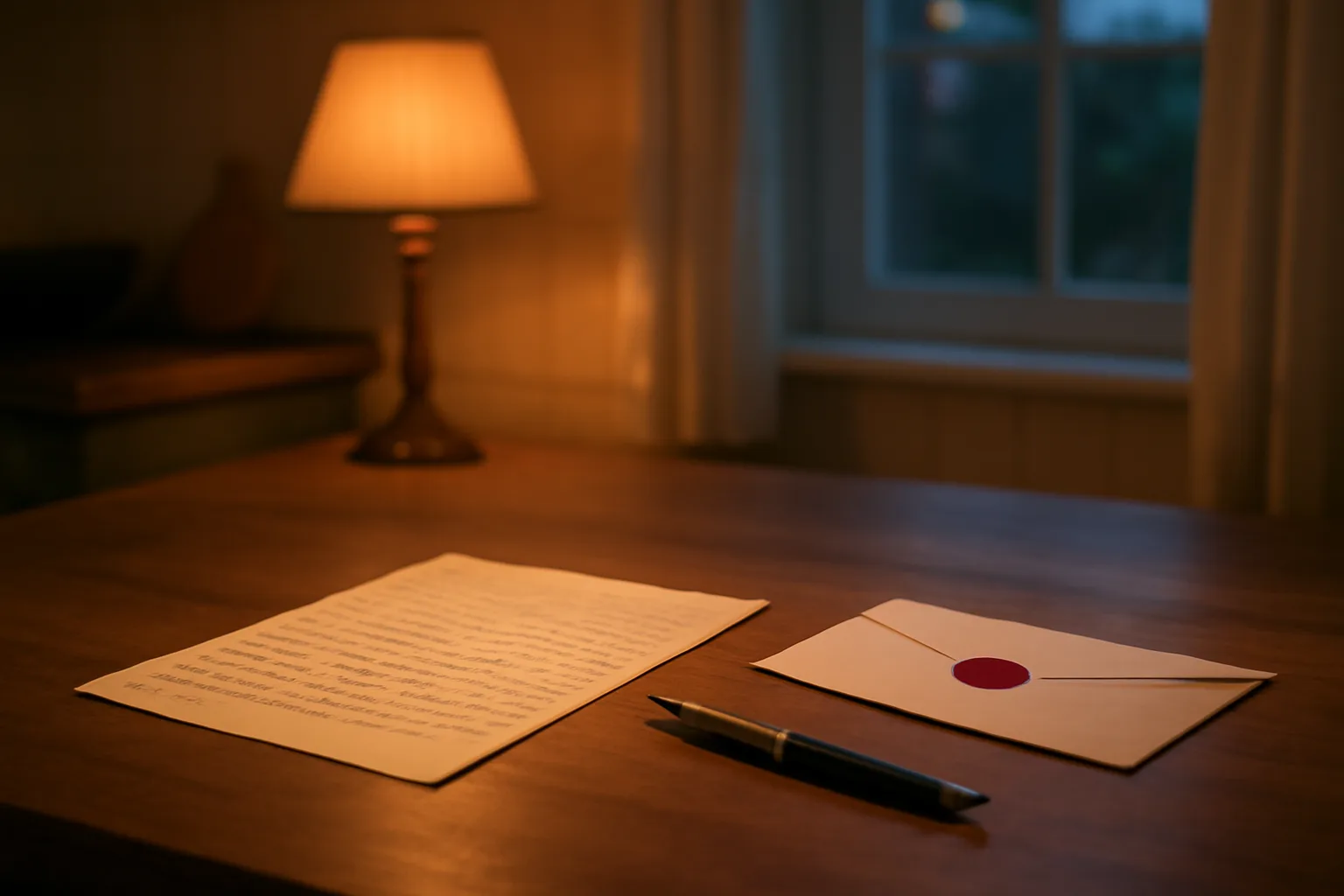 Handwritten rescission letter and sealed envelope on a kitchen table at dusk