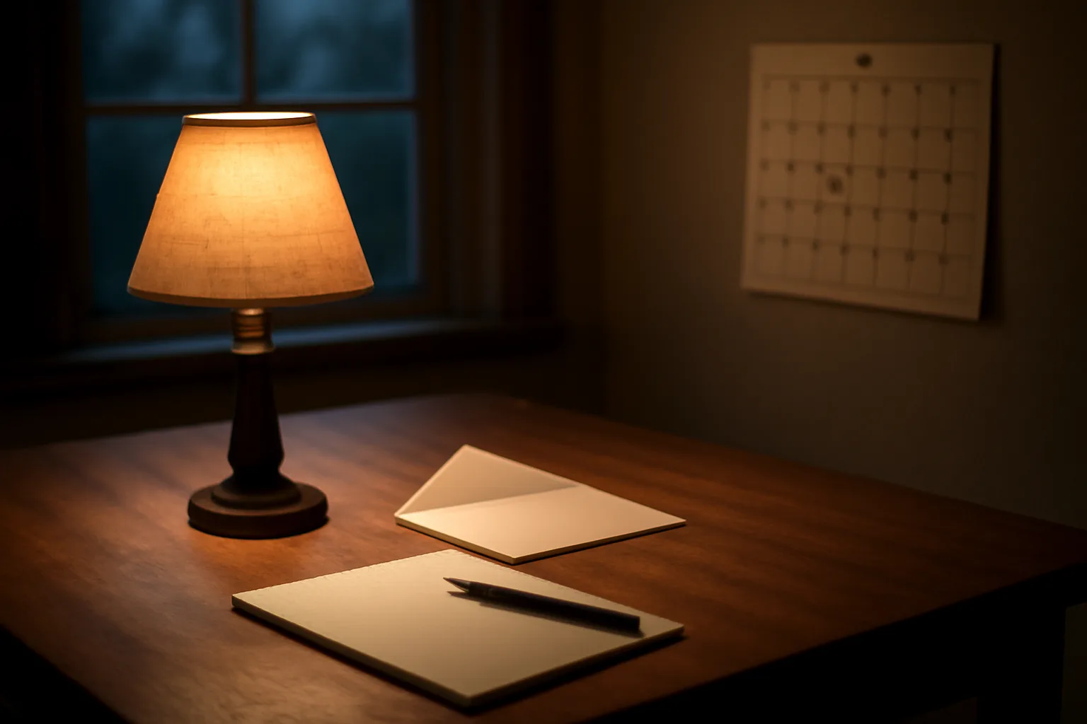A table at night with a pen and calendar, representing a timeshare rescission period deadline