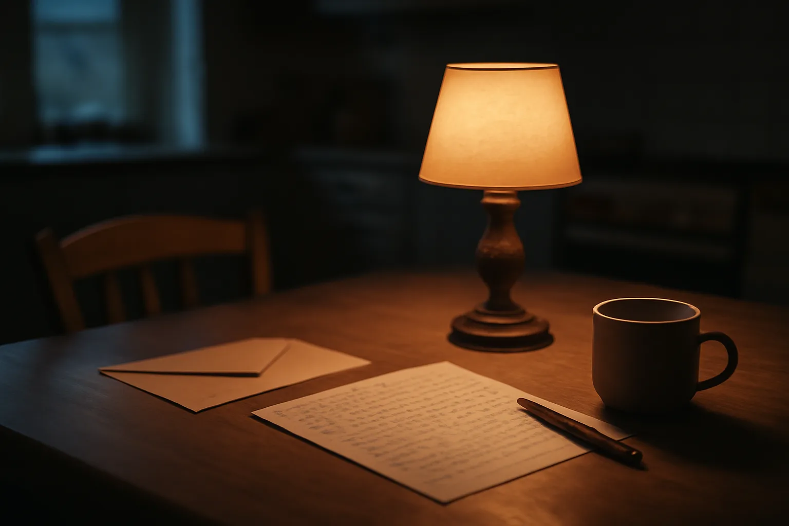 Handwritten cancellation letter and envelope on a kitchen table at dusk